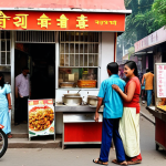 **

A bustling street scene in India, showcasing various small Chinese restaurants with vibrant signage in Hindi. Focus on the diversity of people enjoying Indo-Chinese food on the sidewalks, capturing the essence of "Chilli Paneer" and "Manchurian" being served. The background should depict the lively atmosphere of an Indian city.

**