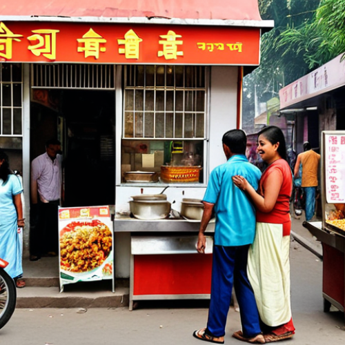 Home 11 **
A bustling street scene in India, showcasing various small Chinese restaurants with vibrant signage in Hindi. Focus on the diversity of people enjoying Indo-Chinese food on the sidewalks, capturing the essence of "Chilli Paneer" and "Manchurian" being served. The background should depict the lively atmosphere of an Indian city.
**