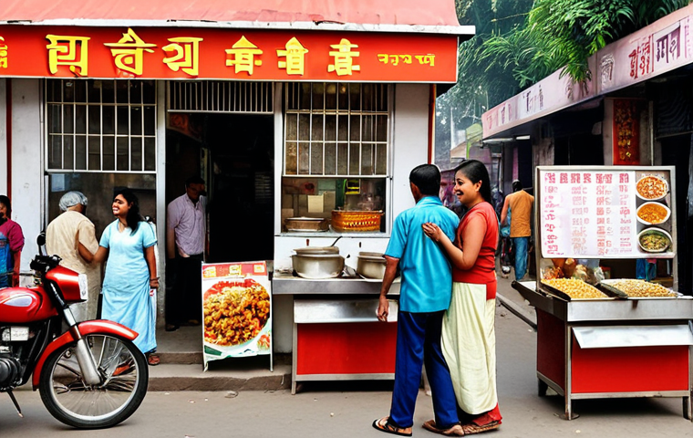 **
A bustling street scene in India, showcasing various small Chinese restaurants with vibrant signage in Hindi. Focus on the diversity of people enjoying Indo-Chinese food on the sidewalks, capturing the essence of "Chilli Paneer" and "Manchurian" being served. The background should depict the lively atmosphere of an Indian city.
**