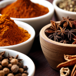 **

A vibrant and aromatic display of Chinese spices. Focus on Five-Spice Powder, Sichuan Peppercorns, and Star Anise. Close-up shot emphasizing textures and colors. Soft, diffused lighting to enhance the spices' natural beauty. Background slightly blurred to keep focus on the spices.

**