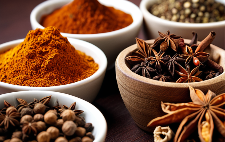 **
A vibrant and aromatic display of Chinese spices. Focus on Five-Spice Powder, Sichuan Peppercorns, and Star Anise. Close-up shot emphasizing textures and colors. Soft, diffused lighting to enhance the spices' natural beauty. Background slightly blurred to keep focus on the spices.
**