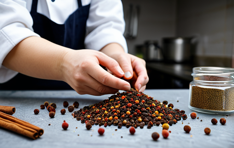 **Prompt 1: Authentic Chinese Spice Inspection**
"A professional culinary expert, fully clothed in modest chef's attire, meticulously inspecting a small pile of authentic Sichuan peppercorns on a clean, well-lit kitchen counter. Their well-formed hands gently cup the spices, showcasing the vibrant red-brown pods and black seeds. In the soft-focus background, glass jars filled with other distinct Chinese spices like Star Anise and Five-Spice Powder are visible, emphasizing quality and purity. The scene conveys precision and expertise. professional photography, high detail, realistic, perfect anatomy, correct proportions, natural pose, natural body proportions, proper finger count, safe for work, appropriate content, fully clothed, family-friendly."