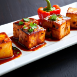 Chili Paneer**

A vibrant and appetizing plate of Chili Paneer, featuring crispy paneer cubes coated in a spicy, tangy sauce with bell peppers and onions, garnished with fresh cilantro. Served on a white ceramic plate, against a dark, slightly blurred background. Perfect lighting, high resolution, professional food photography, safe for work, appropriate content, fully clothed, professional.

**