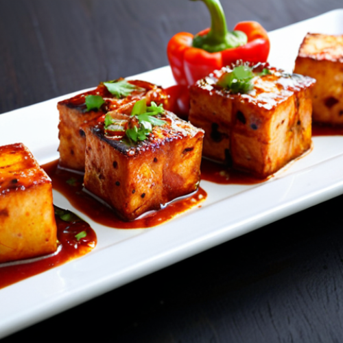 Home 24 Chili Paneer**
A vibrant and appetizing plate of Chili Paneer, featuring crispy paneer cubes coated in a spicy, tangy sauce with bell peppers and onions, garnished with fresh cilantro. Served on a white ceramic plate, against a dark, slightly blurred background. Perfect lighting, high resolution, professional food photography, safe for work, appropriate content, fully clothed, professional.
**