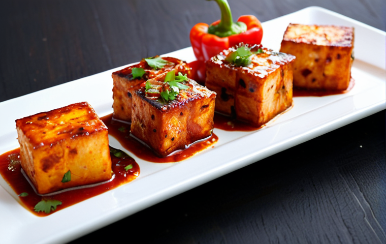 Chili Paneer**
A vibrant and appetizing plate of Chili Paneer, featuring crispy paneer cubes coated in a spicy, tangy sauce with bell peppers and onions, garnished with fresh cilantro. Served on a white ceramic plate, against a dark, slightly blurred background. Perfect lighting, high resolution, professional food photography, safe for work, appropriate content, fully clothed, professional.
**