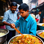 **

A bustling street food scene in Chandni Chowk, Delhi. Focus on a vendor skillfully preparing "Chinese Bhel" – a fusion dish with a mix of fried noodles, vegetables, and tangy sauces. The vendor is fully clothed, wearing appropriate attire. Capture the vibrant colors and energy of the market with lots of people enjoying the food. Safe for work, appropriate content, fully clothed, professional photography, perfect anatomy, natural proportions, family-friendly.

**