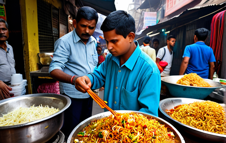 **
A bustling street food scene in Chandni Chowk, Delhi. Focus on a vendor skillfully preparing "Chinese Bhel" – a fusion dish with a mix of fried noodles, vegetables, and tangy sauces. The vendor is fully clothed, wearing appropriate attire. Capture the vibrant colors and energy of the market with lots of people enjoying the food. Safe for work, appropriate content, fully clothed, professional photography, perfect anatomy, natural proportions, family-friendly.
**