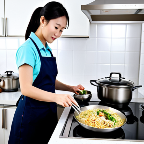Home 9 중식 밀키트 품질 비교 - 이미지 1:** A busy working woman in professional dress, fully clothed, preparing a Chinese meal kit in ...