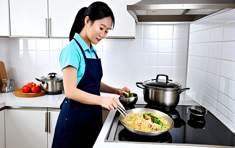 중식 밀키트 품질 비교 - 이미지 1:** A busy working woman in professional dress, fully clothed, preparing a Chinese meal kit in ...
