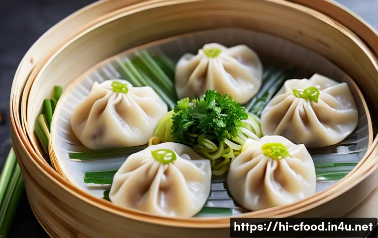 중식 냉동만두 브랜드별 후기 - A close-up, high-resolution image of a steaming bamboo basket filled with assorted frozen dumplings ...