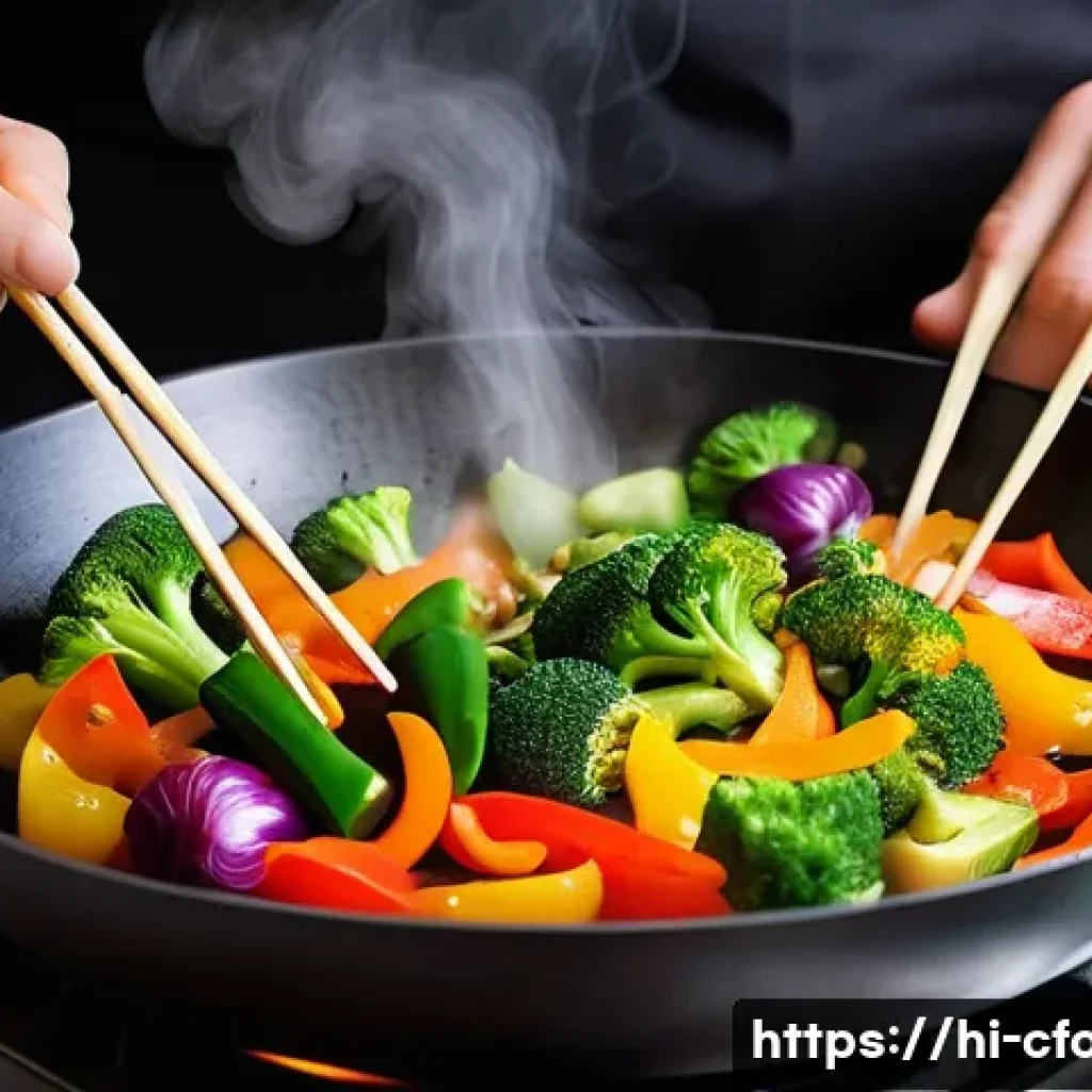 중식 조리 테크닉 - A vibrant and detailed kitchen scene featuring a skilled cook preparing fresh vegetables for a Chine...