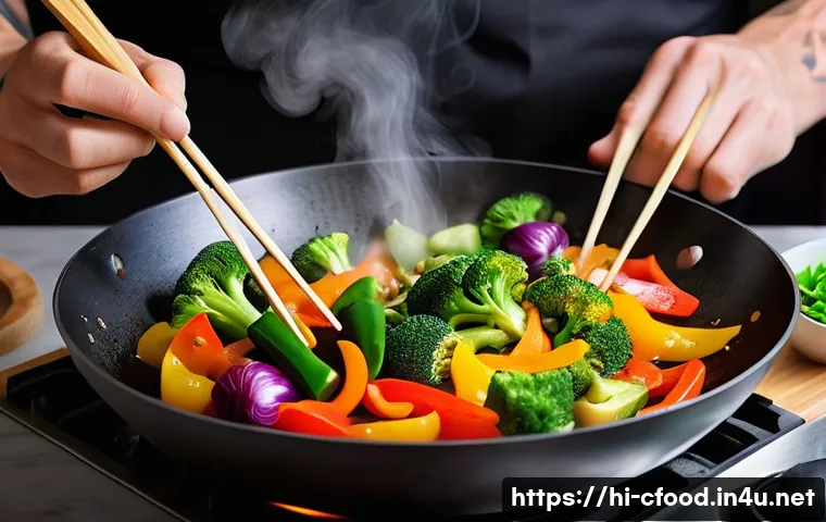 중식 조리 테크닉 - A vibrant and detailed kitchen scene featuring a skilled cook preparing fresh vegetables for a Chine...