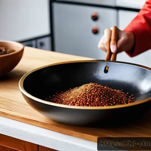 Home 33 중국 요리 DIY - A vibrant kitchen scene showcasing a person gently roasting fresh Chinese spices like star anise, ci...