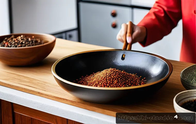 중국 요리 DIY - A vibrant kitchen scene showcasing a person gently roasting fresh Chinese spices like star anise, ci...