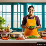 Home 19 중식 밀키트 브랜드 - A vibrant kitchen scene with a busy Hindi-speaking adult preparing Chinese meal kits at home; the co...