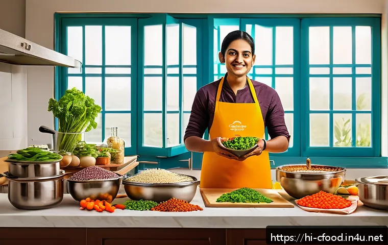 중식 밀키트 브랜드 - A vibrant kitchen scene with a busy Hindi-speaking adult preparing Chinese meal kits at home; the co...