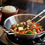 Home 18 중식 요리 필수 도구 - A professional Chinese kitchen scene showcasing a large carbon steel wok on a high flame gas stove, ...