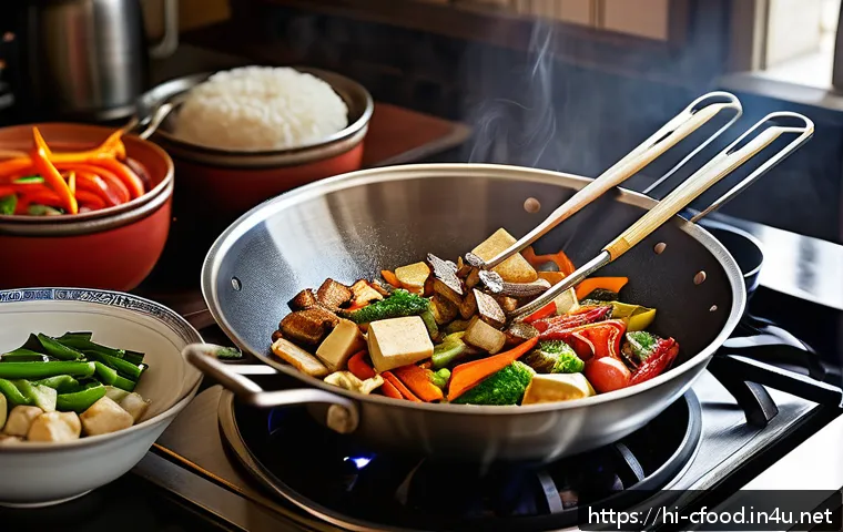 중식 요리 필수 도구 - A professional Chinese kitchen scene showcasing a large carbon steel wok on a high flame gas stove, ...