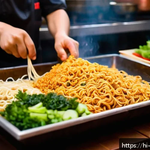 Home 17 중국 면요리 종류 - A vibrant street food scene in Taichung, Taiwan, showcasing a skilled chef hand-pulling fresh Chines...