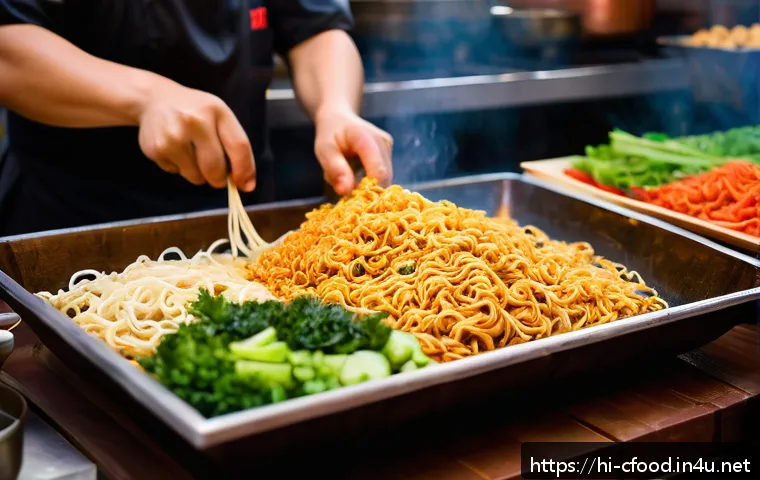 중국 면요리 종류 - A vibrant street food scene in Taichung, Taiwan, showcasing a skilled chef hand-pulling fresh Chines...