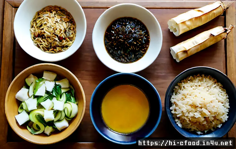 Home 17 중식 식재료 목록 - Photorealistic overhead flat lay of essential Chinese cooking ingredients arranged neatly on a warm ...